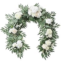 Floroom 6ft Artificial Eucalyptus Garland with Flowers Fake Greenery Faux Floral Vine Garland for Table Decor Wedding Centerpieces Bridal Shower Party Decorations, Ivory White