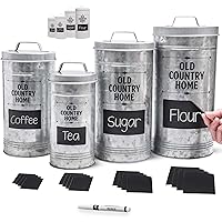 Saratoga Home Farmhouse Canister Sets for Kitchen, Sugar and Flour Canister Set, Silver Canisters Sets for the Kitchen, Kitchen Canisters Set of 4, Airtight Rustic Tin Metal Flour, Silver