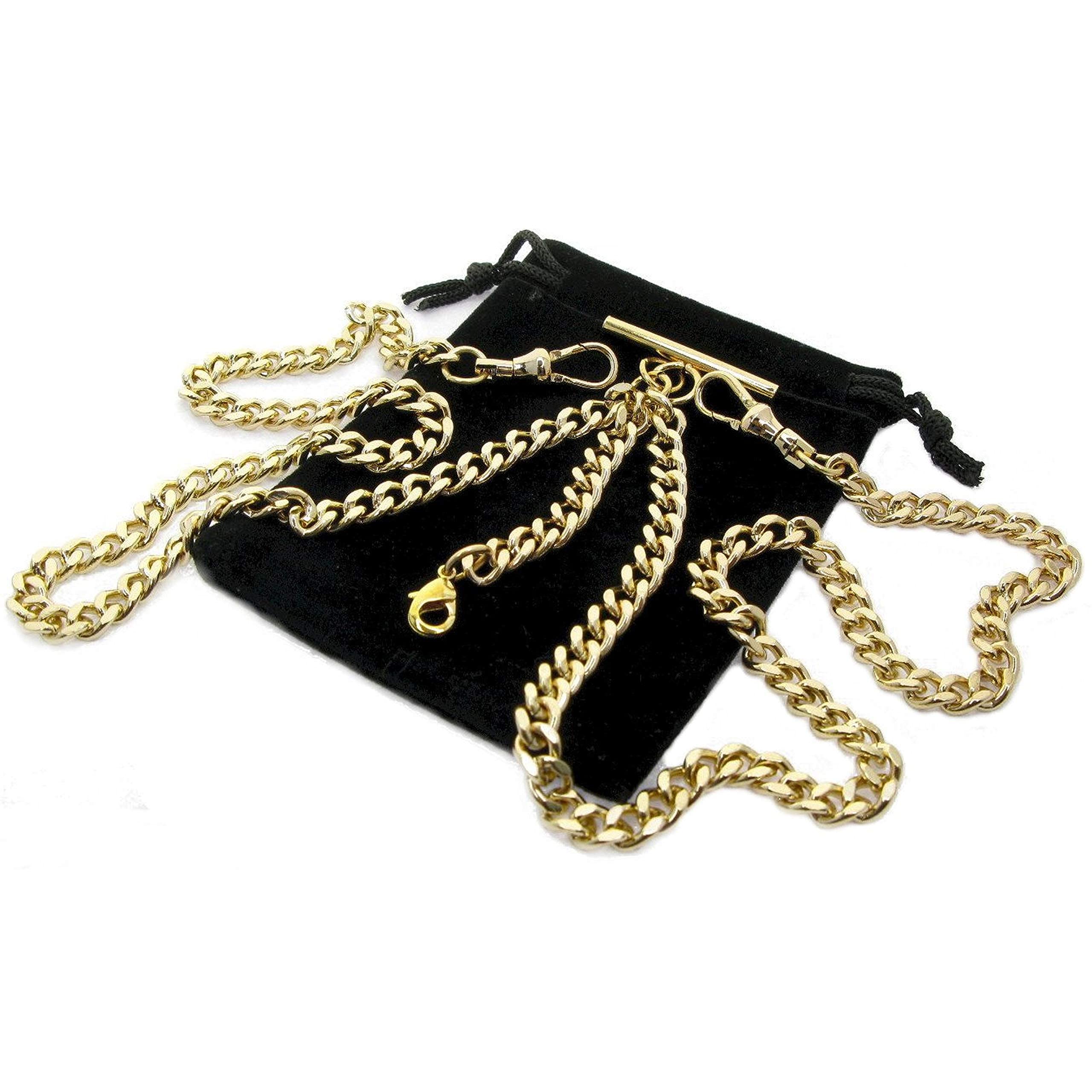 Double Albert Chain Gold Color Pocket Watch Chain for Men with T Bar Swivel Clasps and Fob Drops with Small Lobster Clasp AC01