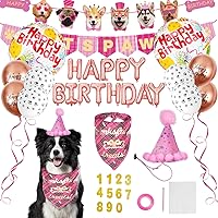 Dog Birthday Decorations Girl, Dog Birthday Party Supplies, Dog Birthday Bandana Pink Dog Birthday Hat with Numbers, Dog Birthday Banner LETS PAWTY and HAPPY BIRTHDAY Balloons