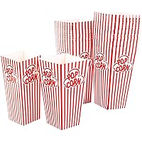 GSM Brands Popcorn Containers Boxes (100 Pack) - Striped White and Red Paper - for Home Movie Theater