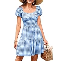 ZAFUL Women's Casual Plaid Mini Dress Scoop Neck Short Puff Sleeve Sundress A-Line Flowy Summer Dresses