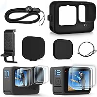 FitStill Black Silicone Sleeve Case for Go Pro Hero 12/Hero 11/Hero 10/Hero 9 Black,Battery Side Cover&Screen Protectors& Lens Caps&Lanyard for Go Pro Hero 12/11/10/9 Black Accessories Kit