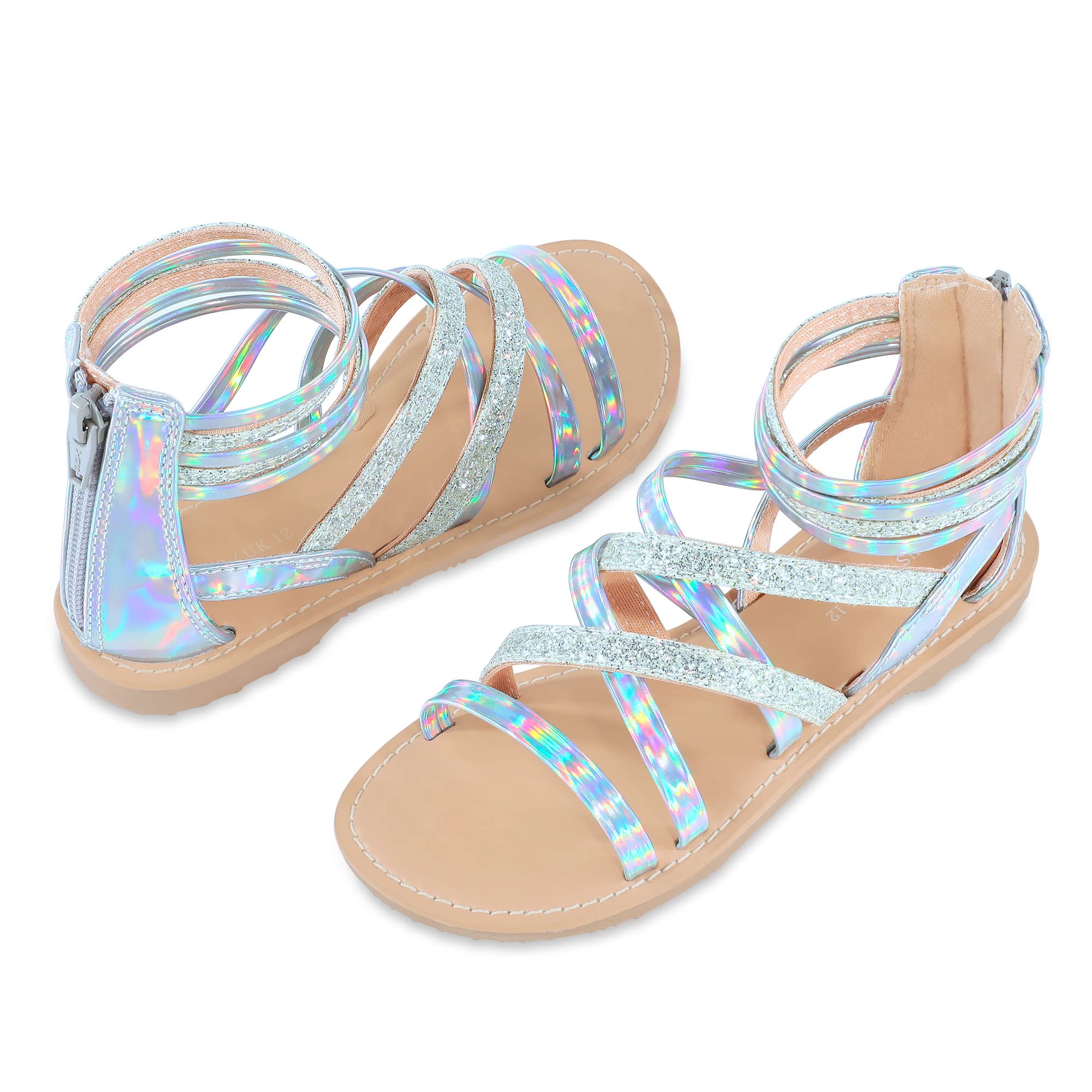 shoeslocker Girls Gladiator Sandals Summer Flat Open Toe Shimmer Shoes Strap Ankle Sandals with Back Zipper for Little Kids Big Kids