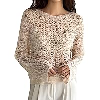 MakeMeChic Women's Pointelle Knit Boat Neck Long Sleeve Semi Sheer Hollow Out Pullovers Sweater Tops