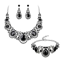 BriLove Women's Teardrop Crystal Statement Necklace Cluster Hollow Dangle Earrings Chain Bracelet Bib Jewellery Set for Wedding Bride Bridesmaid