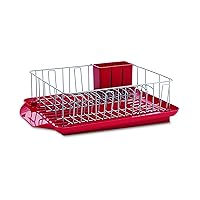 Farberware Classic Large Rust Resistant Full Dishrack with Removable 3 Compartment Flatware Caddy, Andlged Drain Board, 3-Piece, Red
