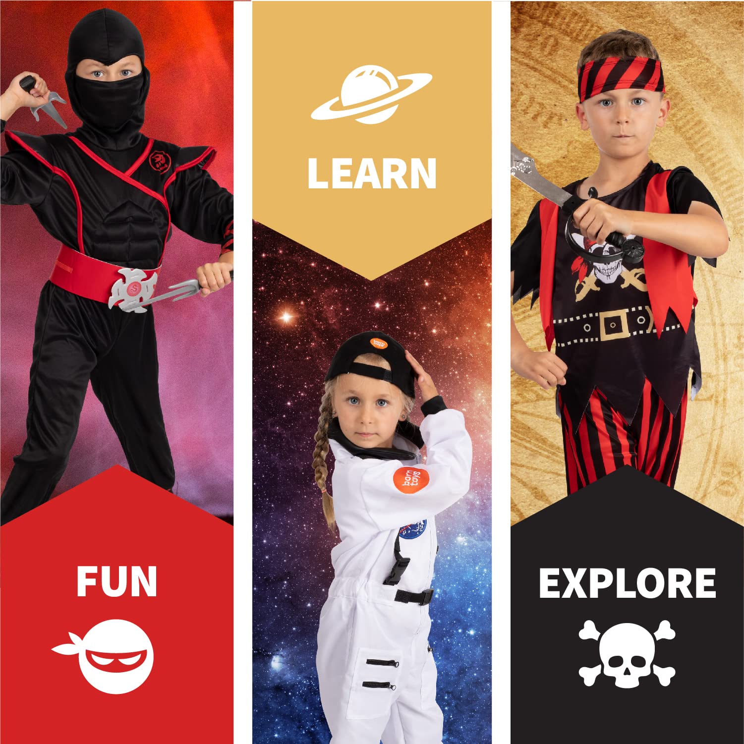 Born Toys 3-in-1 Kids' Dress Up & Pretend Play Set-Kids Pirate Costume, Kids Ninja Costume & Astronaut and Fireman Costume for Kids Ages 3-7