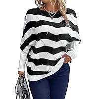 Woman‘s Plus Sizes Stripe bat Wing Sleeve Sweater Crew Neck Loose Hollow Knit Pullover Sweaters Tops 3X