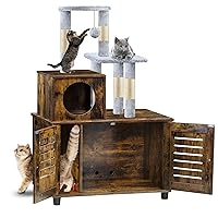 Litter Box Enclosure, Hidden Cat Tree Tower Furniture for Indoor House, All-in-one Wooden Cat Litter Cabinet with Scratching Post and Condo, Rustic Brown