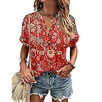 Women's Floral Tunic Tops Summer Casual V Neck Short Sleeve Fashion Blouse T-Shirts with Button