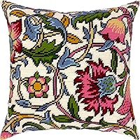 Floral Embroidery Kit for Adults and Beginners — Lodden. Carnations by William Morris 16″ × 16″ with Clear, Precise Printed Design on Cotton Canvas; Includes 2 Needles, Yarn, and Easy-Read Chart