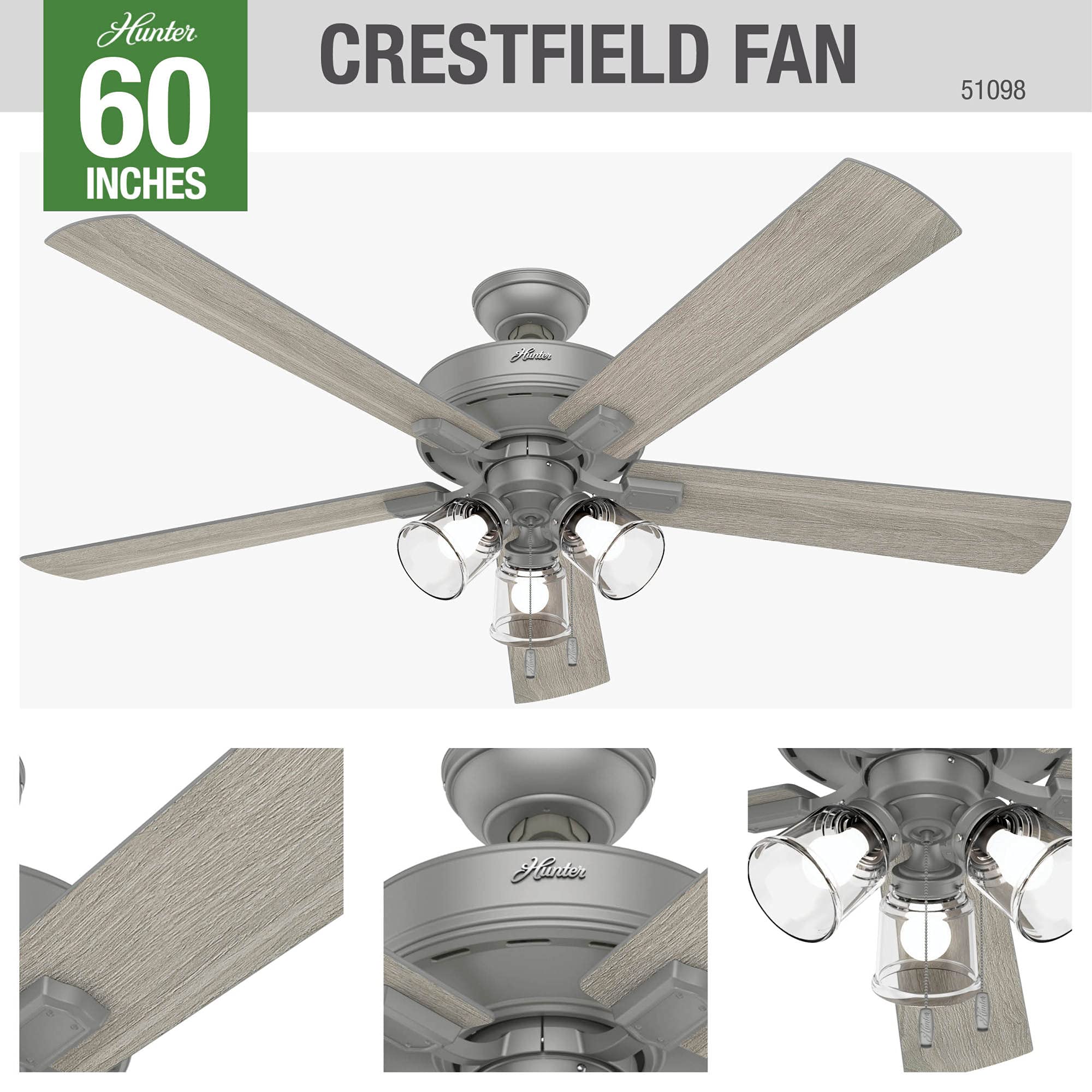 Hunter Fan Company 51098 Crestfield Ceiling Fan, 60, Matte Silver
