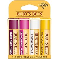 Burt's Bees Lip Balm - Berry Agua Fresca, Dragonfruit Lemon, Coconut & Pear, Tropical Pineapple Pack, With Beeswax, Tint-Free, Natural Origin Lip Treatment, 4 Tubes, 0.15 oz.