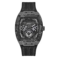 GUESS Men's Trend Multifunction Tonneau 43mm Watch – Black Patterned Stainless Steel Case with Black Flex Strap