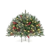 Outdoor Christmas Tree Frosted Urn Filler, Pre-lit Artificial Xmas Tree with LED Lights, 18 Inch Small Christmas Tree with Cones & Red Berries