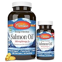 Carlson - Norwegian Salmon Oil, 500 mg Omega-3s, Norwegian Salmon Oil Supplement, Wild Caught Omega 3 Salmon Oil Capsules, Sustainably Sourced, Brain, Heart & Joint Health, 180+50 Softgels