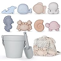 11Pcs Silicone Beach Toys,Modern Baby Beach Toys,Travel Friendly Beach Set,Silicone Bucket, Shovel, 8 Sand Molds, Beach Bag,Silicone Sand Toys for Toddlers, Kids (Gray)