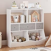 Kids Bookshelf and Bookcase Toy Storage Multi Shelf with Cubby Organizer Cabinet and Drawers for Boys Girls for Children's Room Playroom Hallway Bedroom (White)