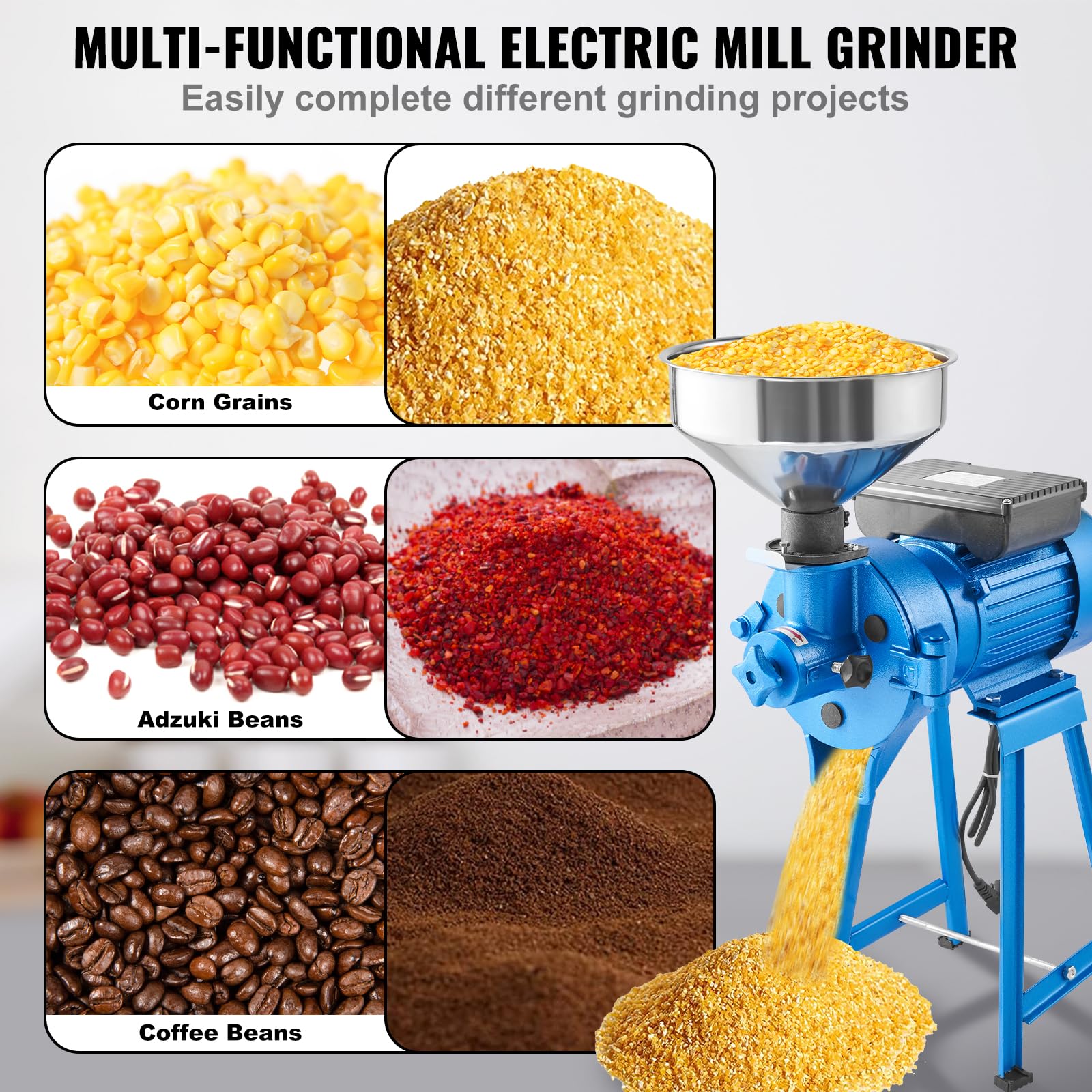 VEVOR Electric Grain Mill Grinder, 1500W 110V Dry & Wet Spice Grinder, Commercial Corn Mill with Funnel, Thickness Adjustable Powder Machine, Heavy Duty Feed Flour Cereal Mill Wheat Grinders