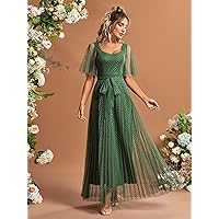 Polka Dot Butterfly Sleeve Belted Mesh Bridesmaid Dress (Color : Dark Green, Size : Medium)