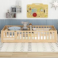 Bellemave Full Size Floor Bed with Door and Fence for Kids, Montessori Floor Bed with Slats and Safety Guardrails,Solid Wood Full Bed Frame for Girls Boys(Full,Natural)
