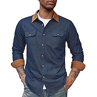 PJ PAUL JONES Men's Vintage Denim Shirt Long Sleeve Lapel Collar Jean Shirts Cotton Button Down Shirt