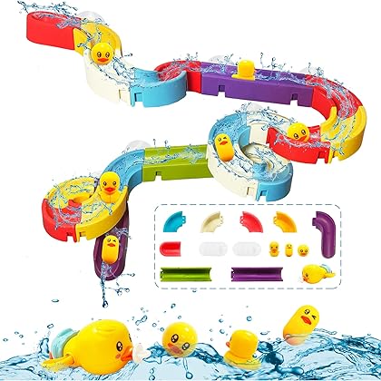 Bath Toys for Kids Ages 4-8, Wall Bathtub Toy Slide for Toddlers 3 4 5 6 Years, Baby Bath Toys with Wind-Up Duck, 35 PCS Slide Shower Tracks Water Toys Gifts for Boys Girls