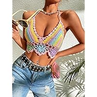 Women's Knitted Tops -Shrugs Colorful Stripe Tie Backless Halter Knit Top Knitted Tops (Color : Multicolor, Size : Medium)