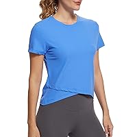 MathCat Cross Hem Workout Shirts for Women Short Sleeve Yoga Athletic Tees Ribbed Seamless Sports Breathable Tops