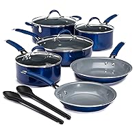 Nonstick Ceramic Pots and Pans Set with Silicone Stay Cool Handles, Dishwasher Safe, 12-Piece Cookware Set, Blue