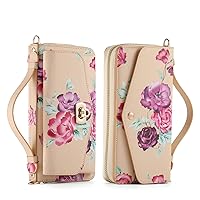 Multifunction Wallet Case for iPhone 11 Pro,Large Capacity Floral Pattern Leather Zipper Clutch Bag Case Beige