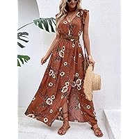 Dresses for Women - Floral Print Ruffle Trim Slit Thigh Dress Without Belt (Color : Rust Brown, Size : Medium)