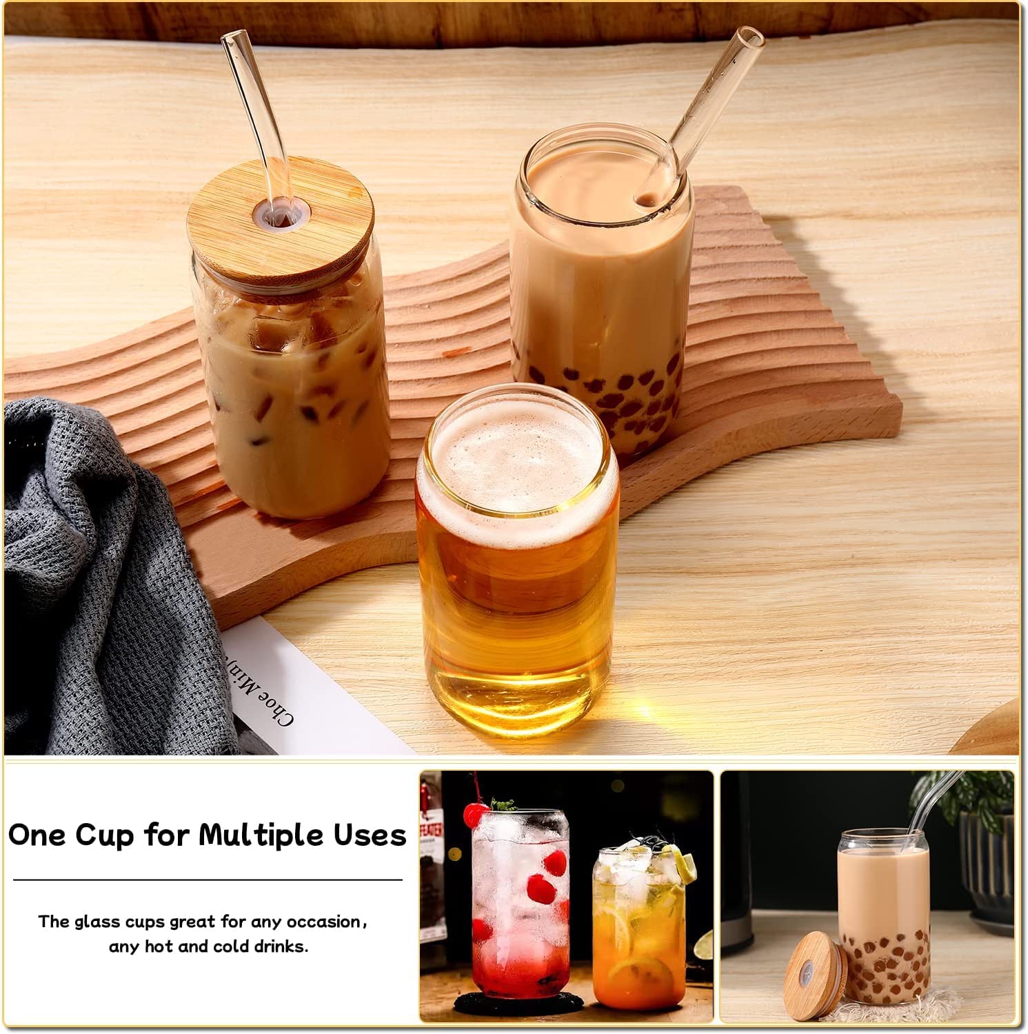 DWTS DANWEITESI Glass Cups with Lids and Straws 4pcs,16oz Iced Coffee Cups with Lids-Beer Drinking Glasses Set of 4,Clear Cups as Coffee Bar Accessories Gifts House Essentials