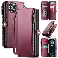 Compatible with iPhone 12 Pro Max Case Wallet with Card Holder【RFID Blocking】Zipper, for iPhone 12 Pro Max Wallet Case Wristlet PU Leather Magnetic Flip Folio Cover for Women and Men,Vine Red