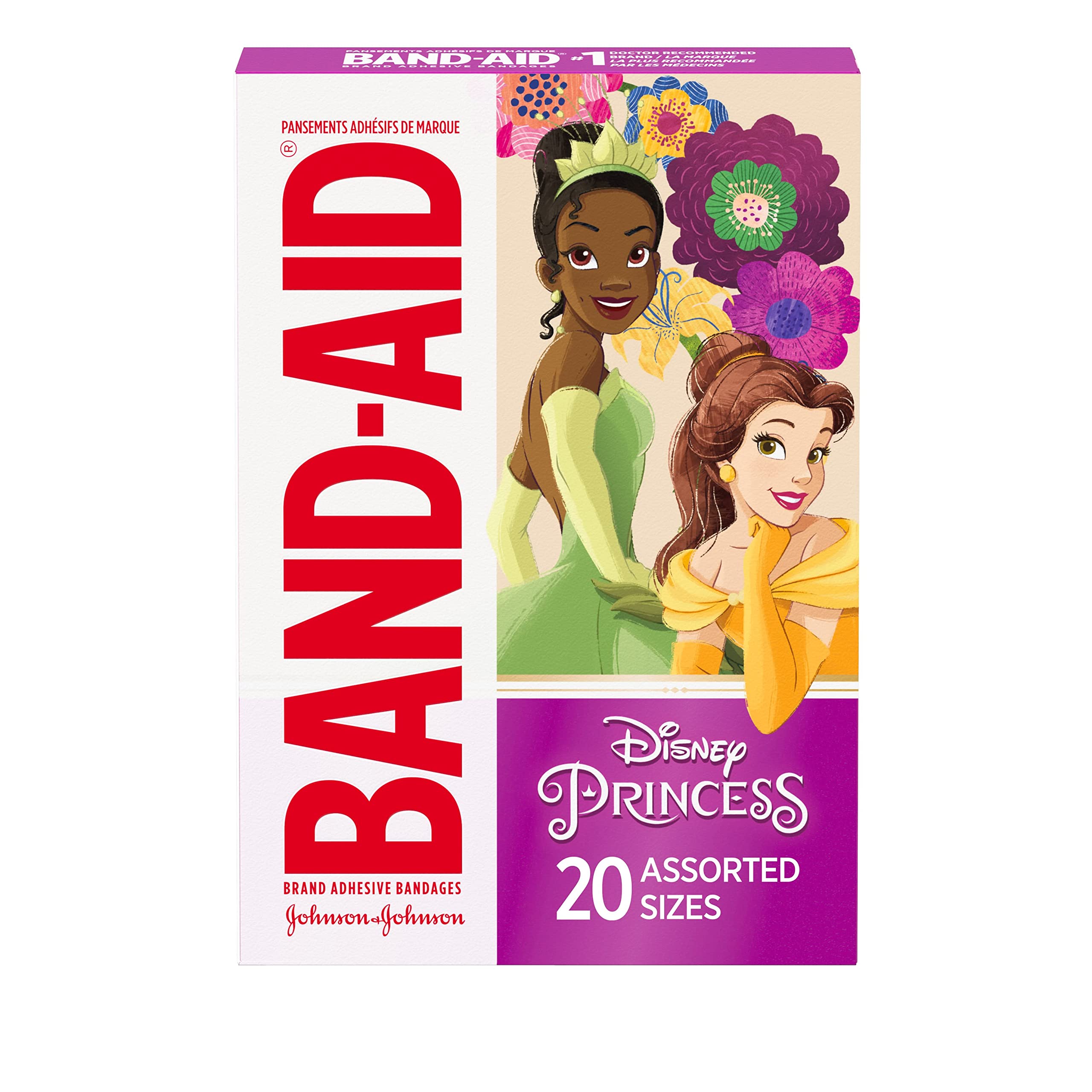 Band-Aid Brand Adhesive Bandages for Minor Cuts & Scrapes, Wound Care Featuring Disney Princess Characters, Fun Bandages for Kids and Toddlers, Assorted Sizes, 20 Count
