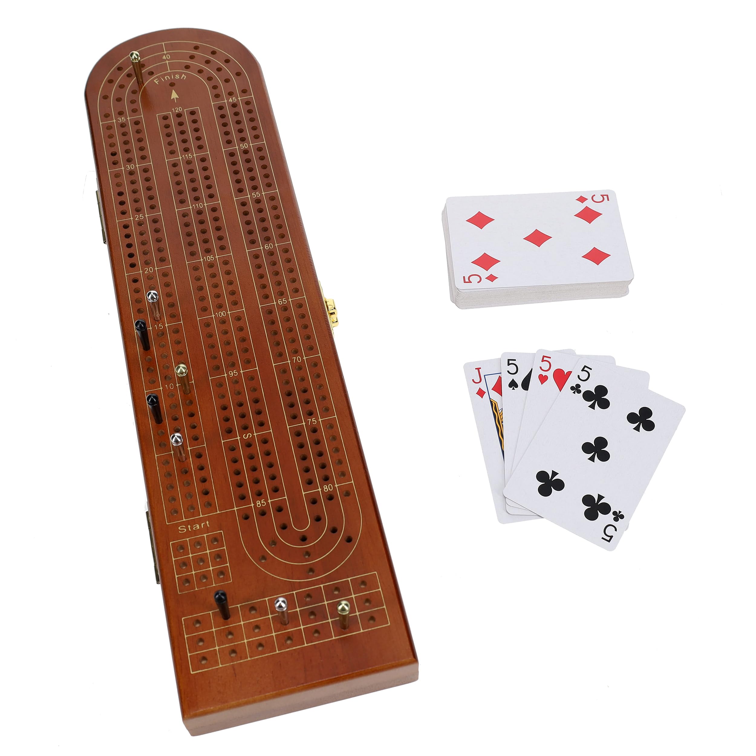 Pacific Shore Games Wooden Cribbage Board Game Set, Walnut Stained Continuous 3 Track for 2-3 Players, Card Storage