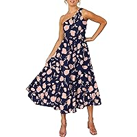 ANRABESS Women's 2024 Summer Bohemian One Shoulder Sleeveless Smocked Ruffle Tiered Beach Maxi Sun Dress