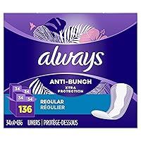 Always Anti-Bunch Xtra Protection Daily Liners, Regular Length, Unscented, 34 Count x 4 (136 Count Total) (Packaging May Vary)