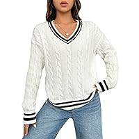 COZYEASE Women's V Neck Sweater Long Sleeve Drop Shoulder Knit Striped Sweater Pullover Trendy Preppy Clothes