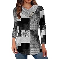 Womens Tops V Neck Long Sleeve Pleated Button Elegant T Shirts Fashion Patchwork Floral Printed Henley Blouse