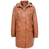 DR218 Women's Smart Long Leather Coat Hood Tan
