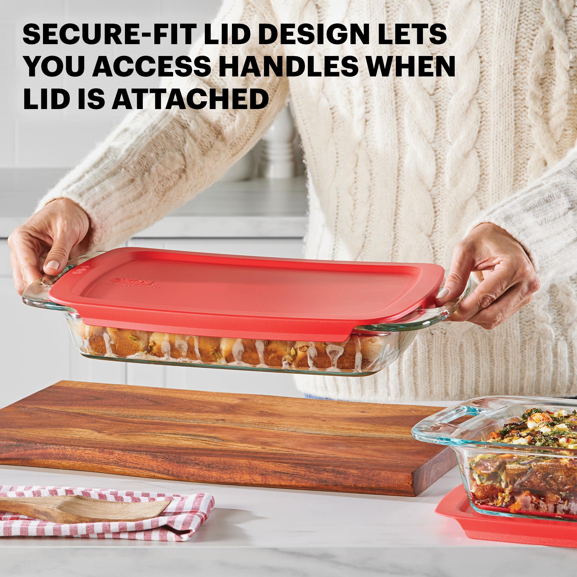 Pyrex Easy Grab 4-PC (2-QT, 3-QT) Extra Large Glass Baking Dish Set With Lids, Large Handles For Easy Holding, Pre-heated Oven Freezer Dishwasher Safe