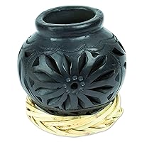 NOVICA Handmade Barro Negro Decorative Vase Mexican with Floral Details Black Ceramic Traditional 'Oaxaca Pottery Blossom'