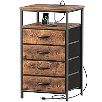 Night Stand with Charging Station, 4 Drawer Dresser for Bedroom, Bedside Table, 33.9 Inch Tall Nightstand with Open Shelf, End Table, for Closet, Entryway, Bedroom, Rustic Brown
