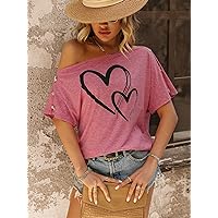 Women's Shirts Sexy for Women Heart Print Button Detail Dolman Sleeve Tee Shirts for Women (Color : Pink, Size : Medium)