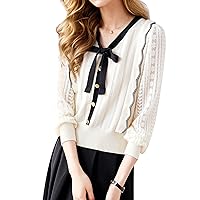 LAI MENG FIVE CATS Women's Tie Neck Casual Shirt Long Sleeve Patchwork Tunic Pullover Blouse Tops