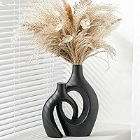 XL Black Ceramic Vase Set of 2 for Modern Home Decor, Neutral Boho Round Donut Pampas Grass Vases, Nordic Aesthetic Vase, for Living Room Coffee Table Fire Place Book Style Shelf (H 11.1