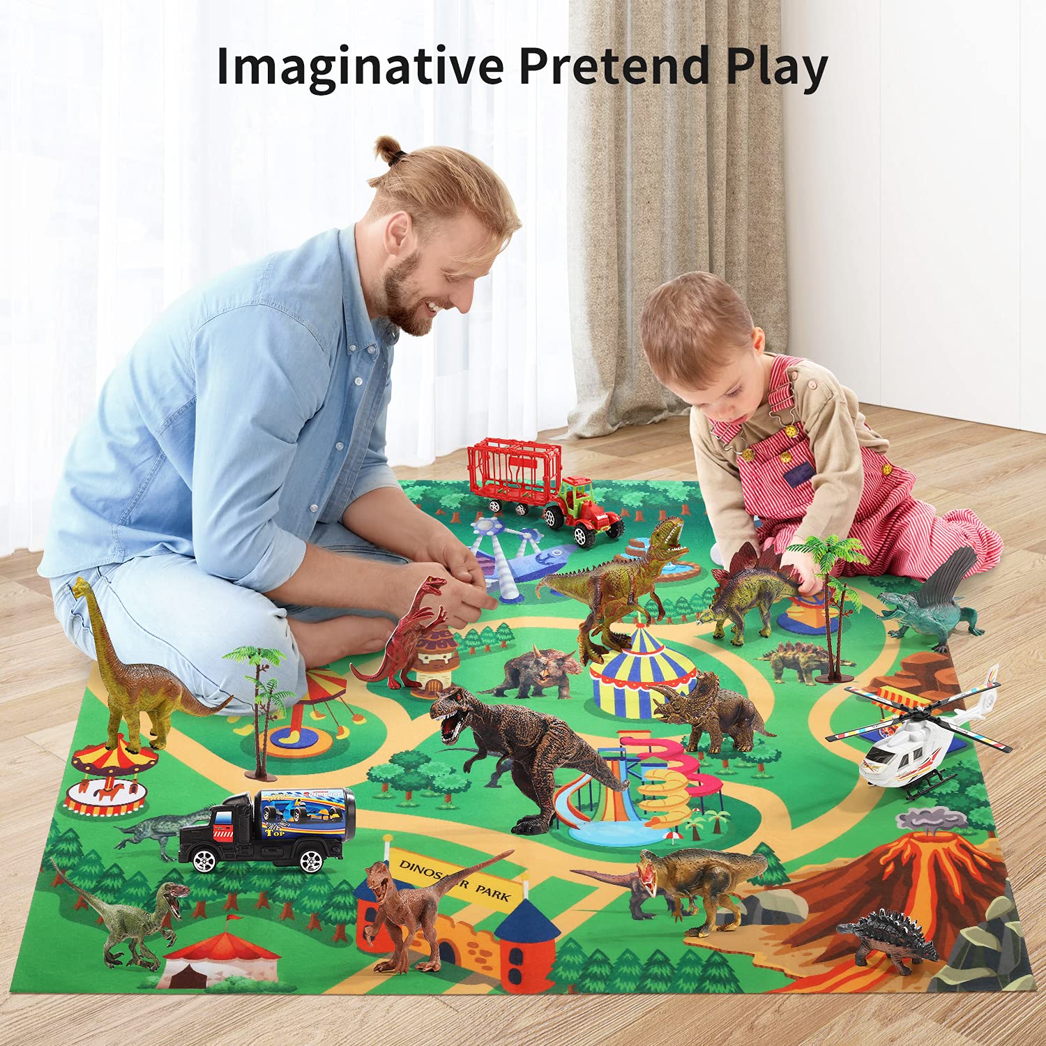 CUTE STONE 46Pcs Dinosaur Toy Playset w/ Activity Play Mat, Realistic Dinosaur Figure Toys w/3 Vehicles to Create a Dino World Including T-Rex, Triceratops, Velociraptor, Kids Perfect Educational Gift