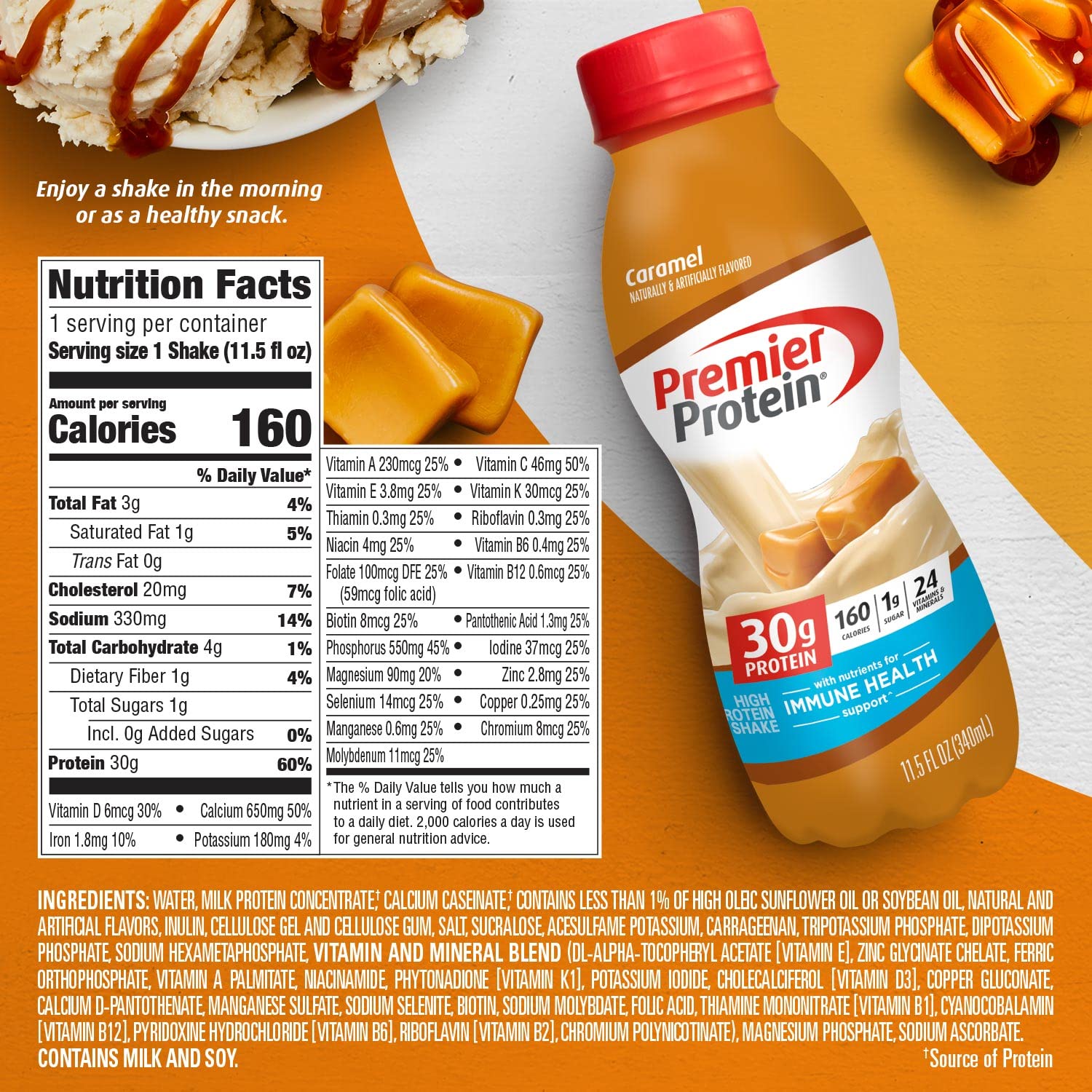 Premier Protein Shake, Caramel, 30g Protein, 1g Sugar, 24 Vitamins & Minerals, Nutrients to Support Immune Health 11.5 fl oz (12 Pack)